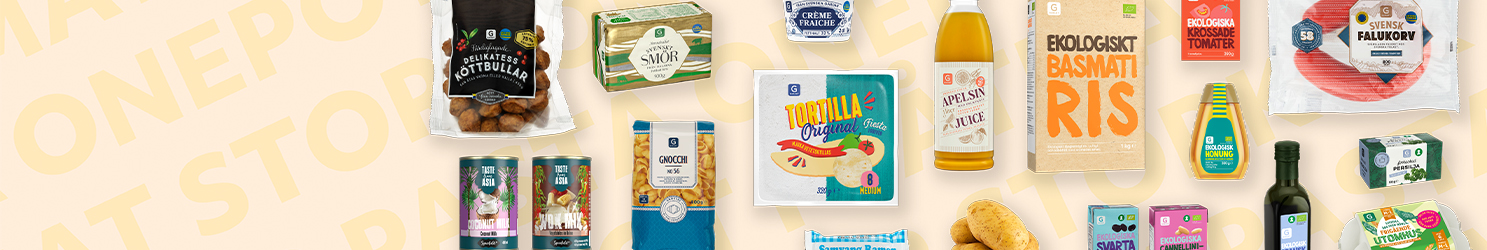 Olika förpackningar med vardagsvaror i Hemköps sortiment.