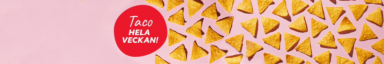 Taco-chips på en rosa bakgrund och en röd cirkel med en grafisk text där det står "Taco hela veckan!"
