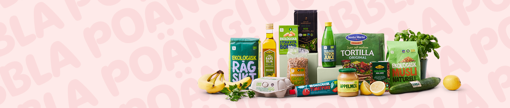 Ett gäng ekologiska matvaruförpackningar som står grupperade tillsammans mot en bakgrund med texten "Dubbla poäng!.