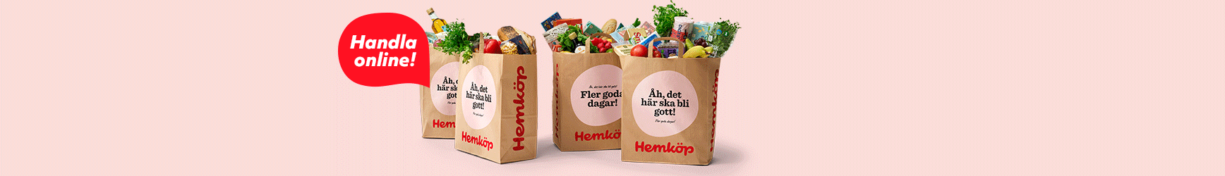 Fyra papperskassar fullpackade med varor från Hemköps e-handel samt en grafisk text ovanpå en röd bubbla där det står "Handla online!".