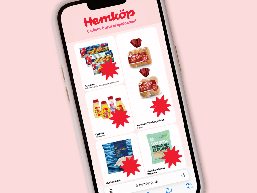 En mobiltelefon som visar Hemköps nya digitala reklamblad.