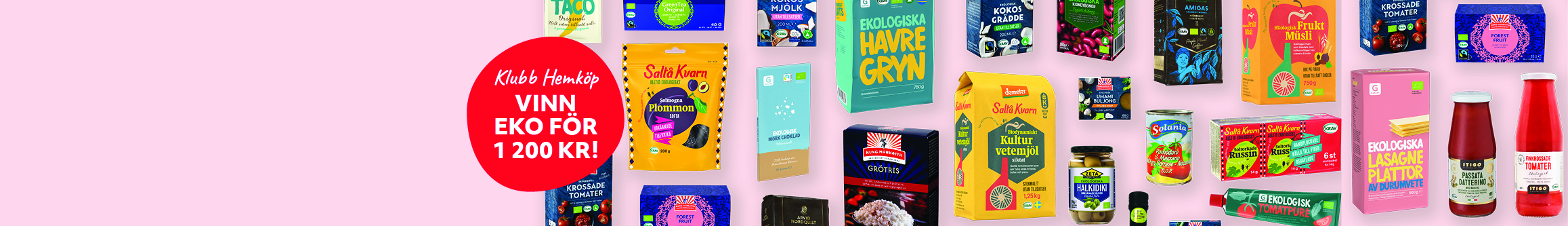 Olika förpackningar med ekologiska matvaror jämnt utplacerade samt en bubbla med texten "Klubb Hemköp. Vinn EKO för 1200kr!"