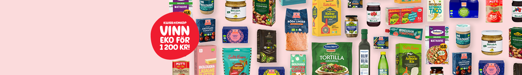 Olika förpackningar med ekologiska matvaror ligger jämnt utplacerade på en rosa bakgrund med en röd bubbla med en grafisk text "Klubb Hemköp – Vinn eko för 1200 kr!".