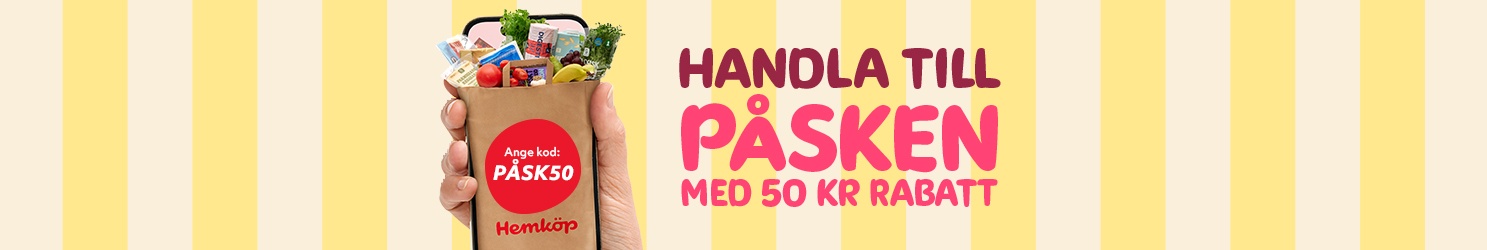En hand som håller en papperskasse från Hemköp fylld med matvaror och texten "Handla till påsken – ange kod PÅSK50 och få 50 kr rabatt" samt gul‑vita ränder i bakgrunden.