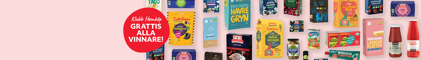 Olika ekologiska matvaror som ligger jämnt utplacerade samt en bubbla med texten "Klubb Hemköp. Grattis alla vinnare!"