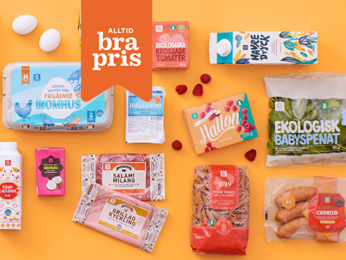 Varor från Hemköps Alltid bra pris-sortiment på en orange bakgrund och en orange flagga där det står "alltid bra pris".