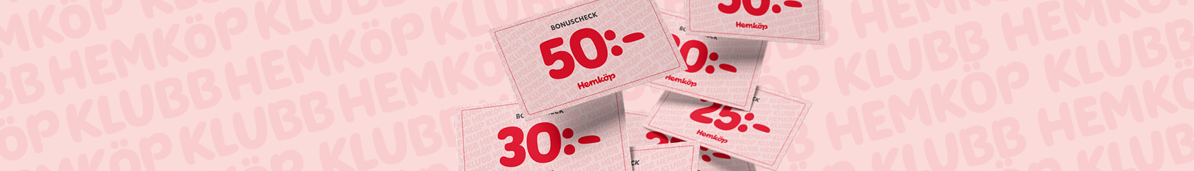 Bonuscheckar från Hemköp med olika valörer mot en rosa bakgrund med texten "Klubb Hemköp".