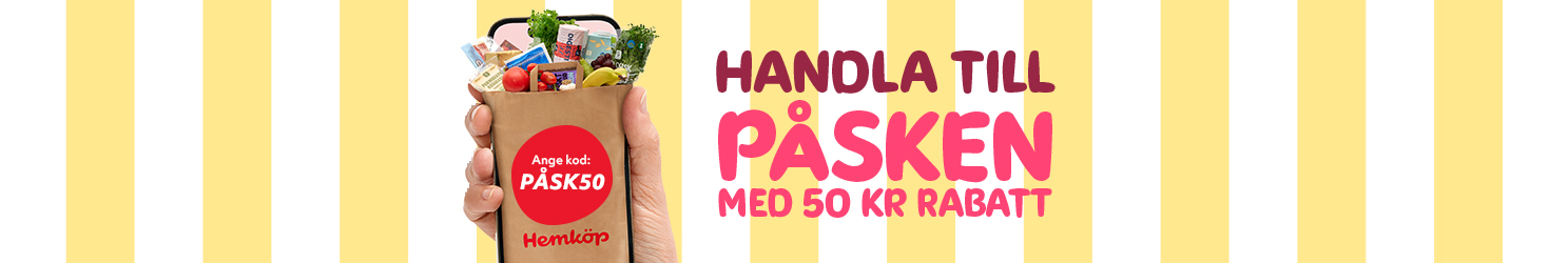 En hand som håller en papperspåse från Hemköp fylld med matvaror och texten "Handla till påsken – ange kod PÅSK50 och få 50 kr rabatt" samt gul‑vita ränder i bakgrunden.